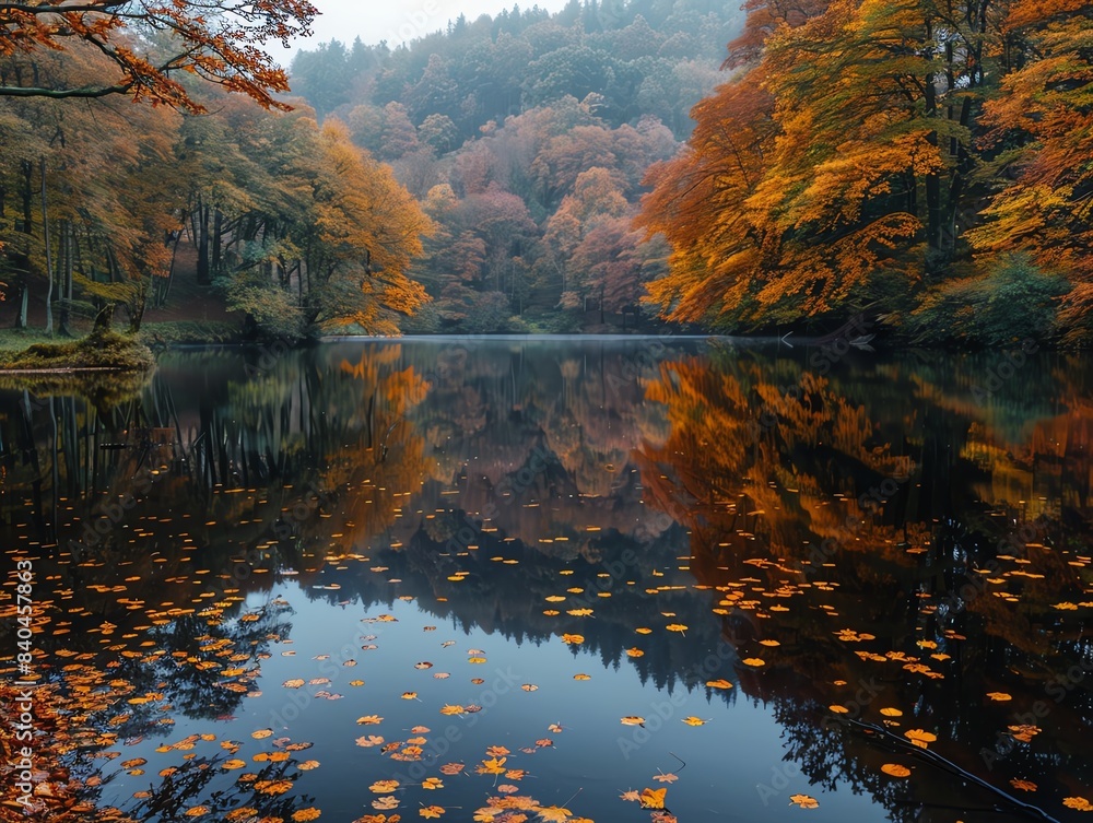 Naklejka premium Tranquil lake surrounded by autumn foliage, reflections of colorful trees on the still water, serene and peaceful