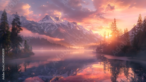An awe-inspiring sunrise over a tranquil mountain lake, with soft pink and orange hues reflecting off the calm water. Captures the peaceful essence of dawn in a pristine natural setting. © horizon