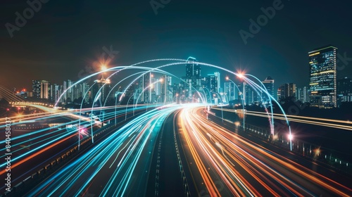 Smart city with speed line glowing light trail surround the city.