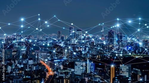 Smart digital city with connection network reciprocity over the cityscape . Concept of future smart wireless digital city and social media