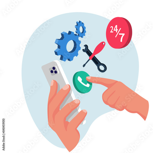 Online technical support. Customer support. Call center operator finds a solution to the problem. Technical support via phone app.Customer assistance 24/7. Vector illustration flat design.
