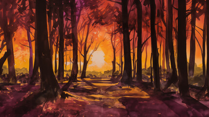 Tableau sur plexiglas Bordeaux A watercolor painting of a forest landscape with a vibrant sunse  © Kseniya