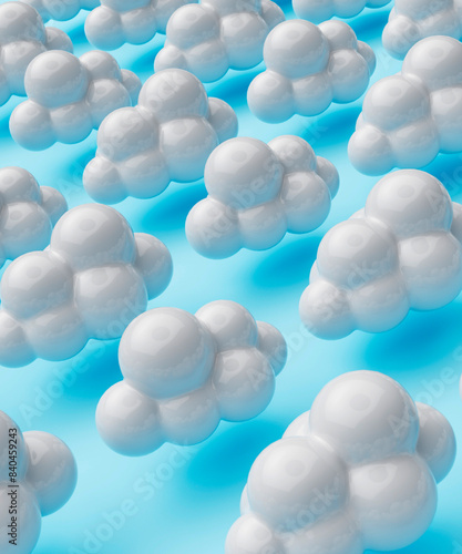 Repetitive flat lay of rows of white fluffy clouds on a vibrant blue background concept 3d render