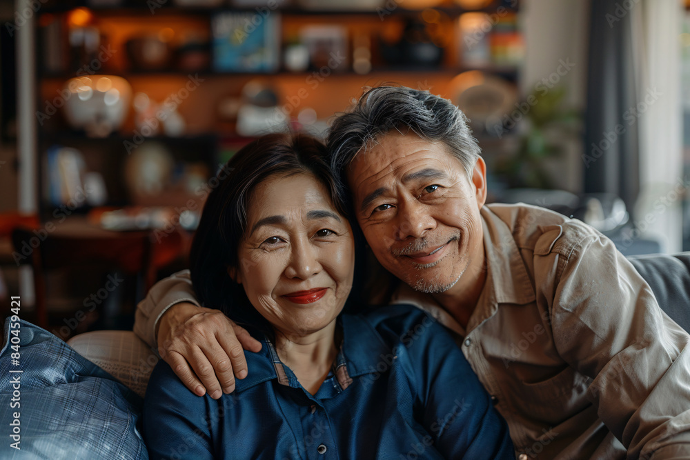 happy asian mature couple in love sitting on the sofa in modern living room happy asian mature couple in love sitting on the sofa in modern living room