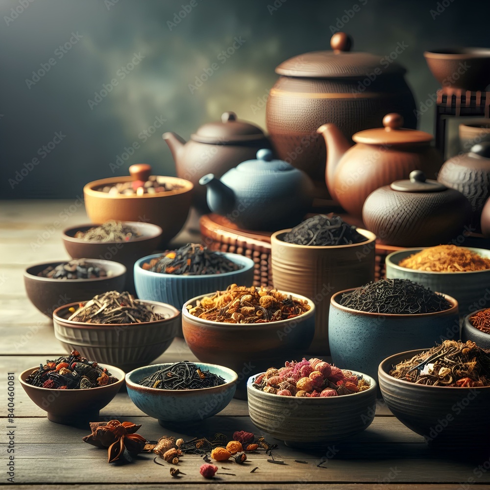 Set of different tea in saucer on wooden background, assortment of dry tea in ceramic bowls on blurred zen style background. Set of different tea in saucer on wooden background, assortment of dry tea in ceramic bowls on blurred zen style background.