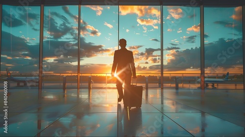 Businessman with suitcase walking in airport, back view, sunset light through windows. © horizon