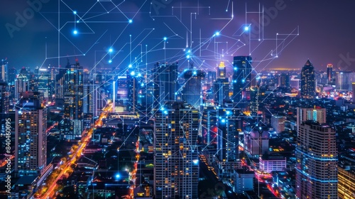 Smart network and Connection technology concept with Bangkok city background at night in Thailand  Panorama view
