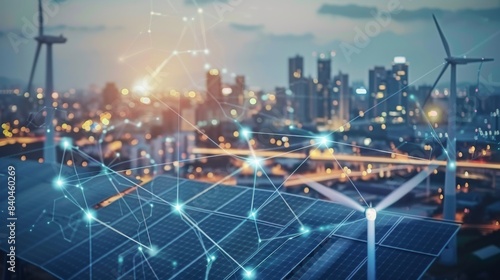 Wallpaper Mural solar cell plant and wind generators in the urban area connected to the smart grid. Torontodigital.ca