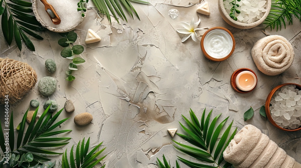 spa day concept overhead photo on table with copy space, top view spa day concept overhead photo on table with copy space, top view
