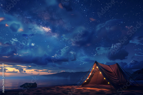 tent with lights on the beach over night sky background