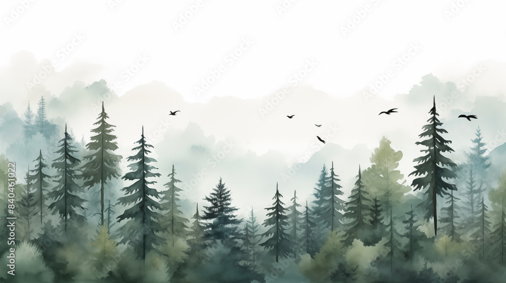 Fototapeta premium Watercolor foggy forest landscape with birds
