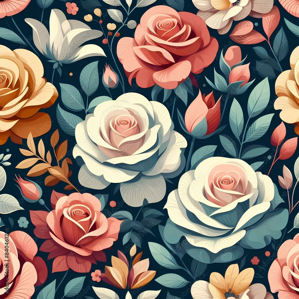 Seamless pattern illustration background of colorful flat roses flowers wallpaper. Seamless pattern illustration background of colorful flat roses flowers wallpaper.