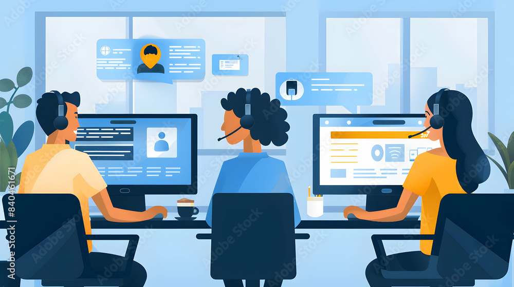 Customer Service Team Conducting Hybrid Feedback Session with Onsite and Remote Agents Highlighting Customer Insights and Service Improvement Photo Realistic Concept Customer Service Team Conducting Hybrid Feedback Session with Onsite and Remote Agents Highlighting Customer Insights and Service Improvement Photo Realistic Concept