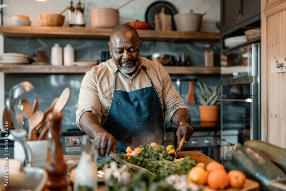 an African American man hosting a virtual cooking class on soul food from his kitchen, with ingredients and utensils an African American man hosting a virtual cooking class on soul food from his kitchen, with ingredients and utensils