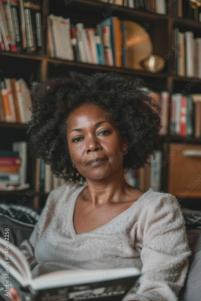 an African American woman participating in a virtual poetry reading from her living room, with books and cozy decor an African American woman participating in a virtual poetry reading from her living room, with books and cozy decor
