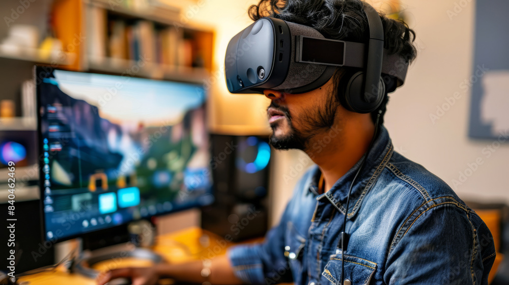 an Indian remote worker creating a virtual reality presentation from a home office, using VR gear and a computer an Indian remote worker creating a virtual reality presentation from a home office, using VR gear and a computer