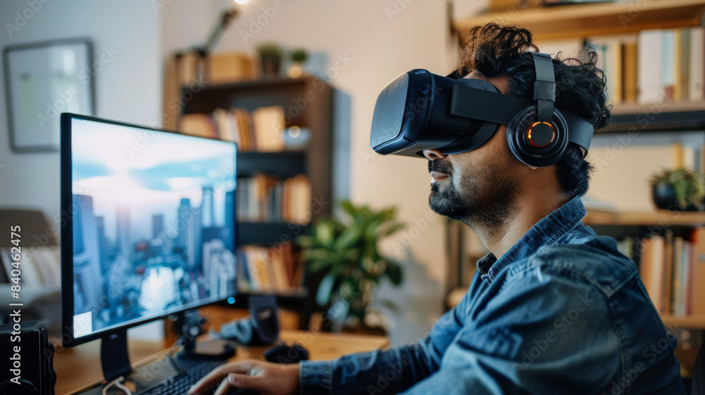 an Indian remote worker creating a virtual reality presentation from a home office, using VR gear and a computer an Indian remote worker creating a virtual reality presentation from a home office, using VR gear and a computer