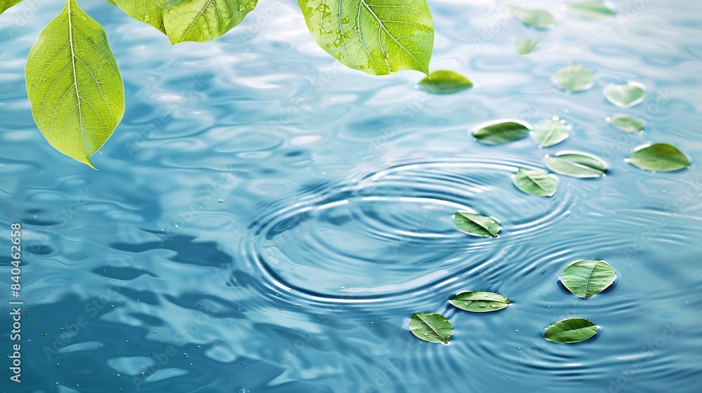 Experience the ultimate in relaxation with this serene stock photo, depicting a tranquil blue water texture embellished with subtle rings and ripples. Sprinkled across the surface are verdant green Experience the ultimate in relaxation with this serene stock photo, depicting a tranquil blue water texture embellished with subtle rings and ripples. Sprinkled across the surface are verdant green
