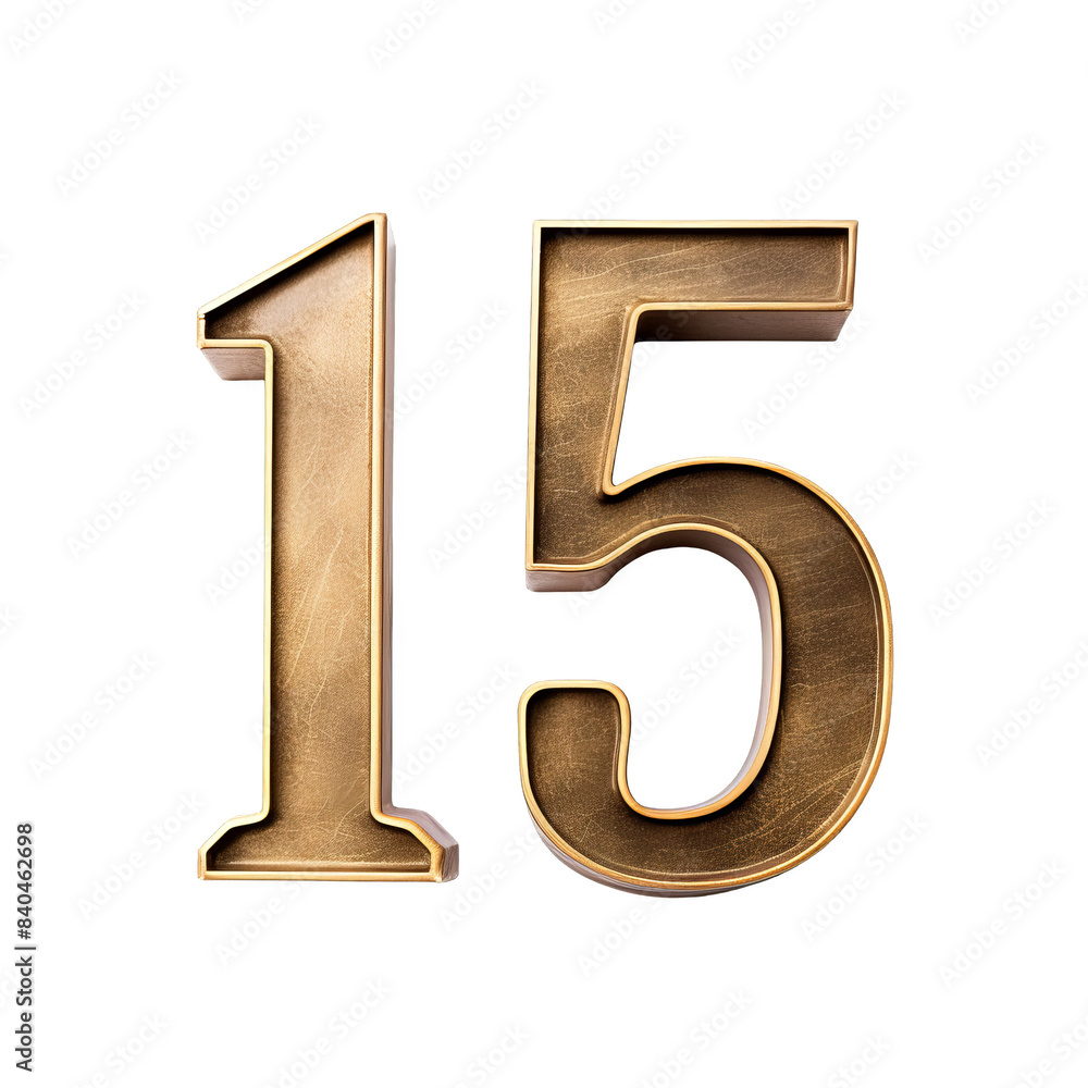 3D illustration of a bronze number 15 with a shiny metallic surface.on cut-out white background, transparent PNG cutout cliparts 3D illustration of a bronze number 15 with a shiny metallic surface.on cut-out white background, transparent PNG cutout cliparts