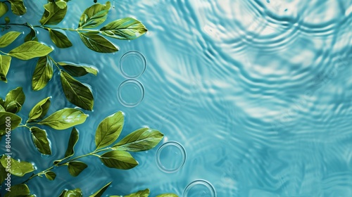 Step into a world of calm and rejuvenation with this stunning spa concept background  showcasing a soothing blue water surface with gentle ripples and rings. Adorned with fresh green leaves  this