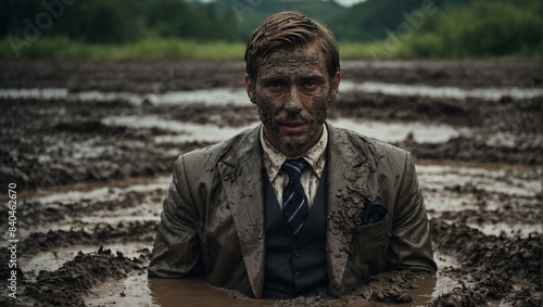 A sad, upset man dressed in a suit and tie lies half in the mud, which makes him all dirty.