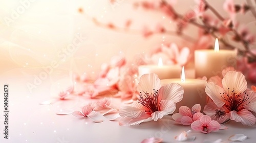 Wellness  spa beauty banner template. Modern design with flowers and candles on a isabelline background. Copy space