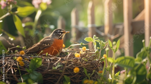 Robin sitting in nest, green garden, flowers, sunny morning, warm feel. Robin in a nest, wooden fence background, sunny day, green plants.