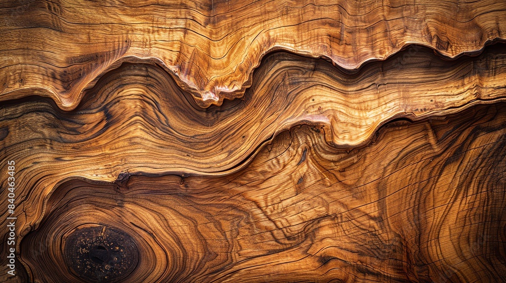 Fototapeta premium Close-up of a natural wood grain pattern showcasing beautiful swirls and textures in rich brown tones. Ideal for backgrounds and design projects.