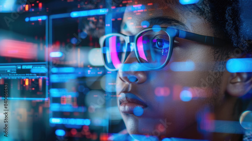 A close-up shot of a woman looking intently at a computer screen filled with data  with a blurred background of blue and pink lights