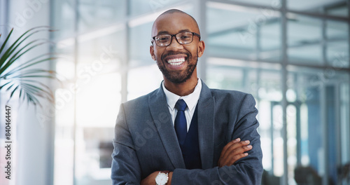 Corporate, portrait and black man with arms crossed in office for legal advice, professional and experience. Career, male lawyer or immigration attorney with confidence for job, work and law firm