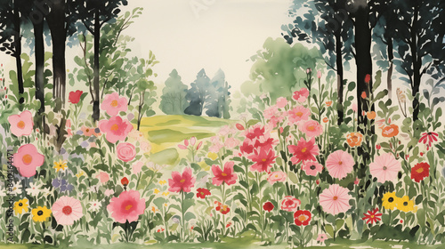 Watercolor forest landscape with pink flowers