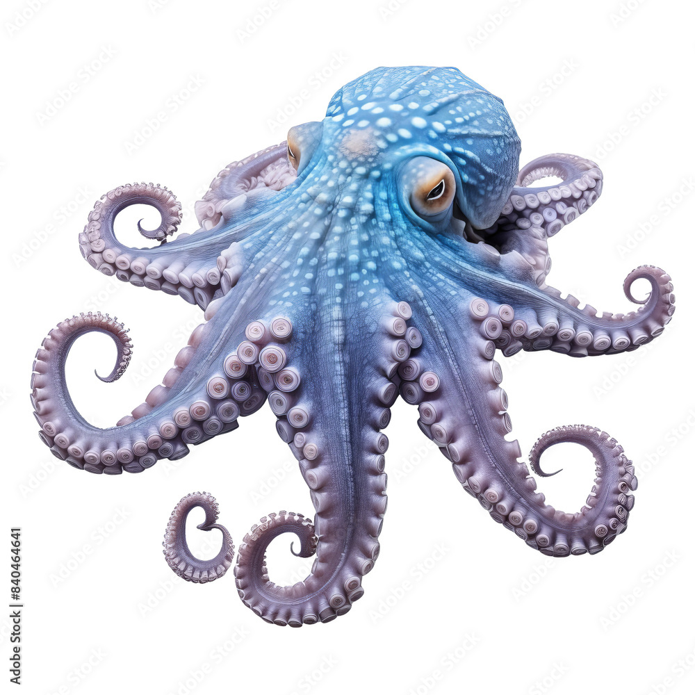 Fototapeta premium A beautiful octopus with a blue body and purple tentacleson cut-out white background, transparent PNG cutout cliparts