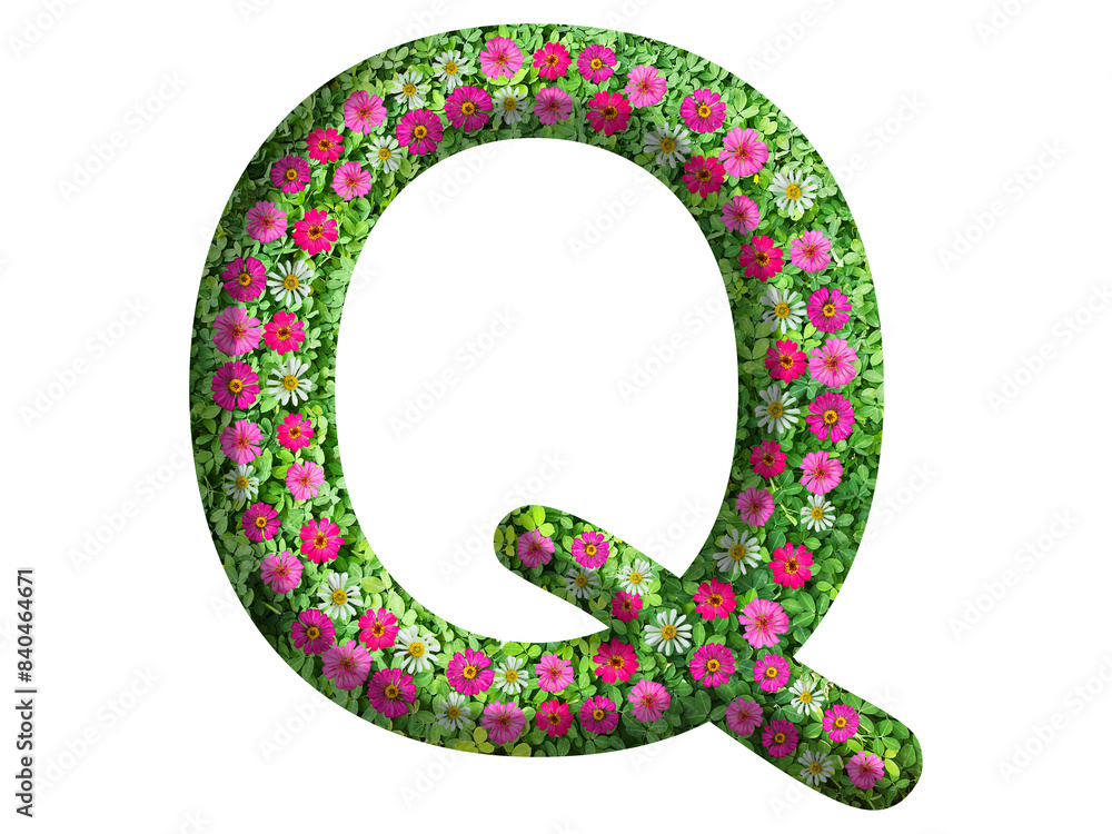 3d of alphabet Q, design made from flowers, leaves and green grass on transparent background
