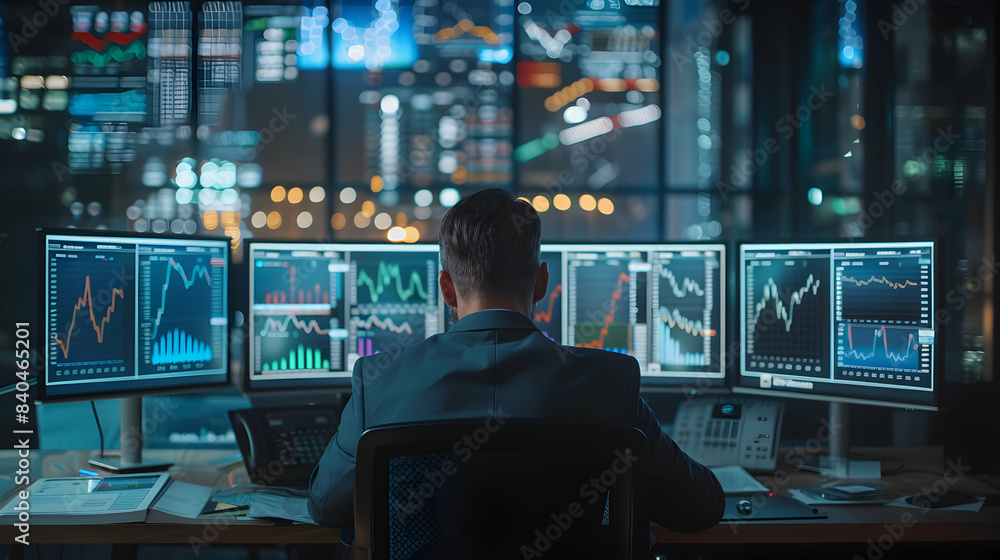 Hedge Fund Manager Analyzing Stock Performance Valuation in Modern Office Data Driven Investment Strategies on Multiple Screens Hedge Fund Manager Analyzing Stock Performance Valuation in Modern Office Data Driven Investment Strategies on Multiple Screens