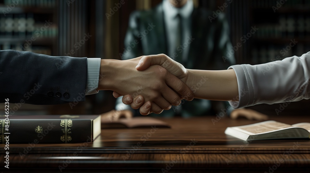 Close-up of a firm handshake between a lawyer and a client, signifying a successful agreement, with legal books in the background Close-up of a firm handshake between a lawyer and a client, signifying a successful agreement, with legal books in the background