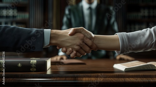 Close-up of a firm handshake between a lawyer and a client  signifying a successful agreement  with legal books in the background