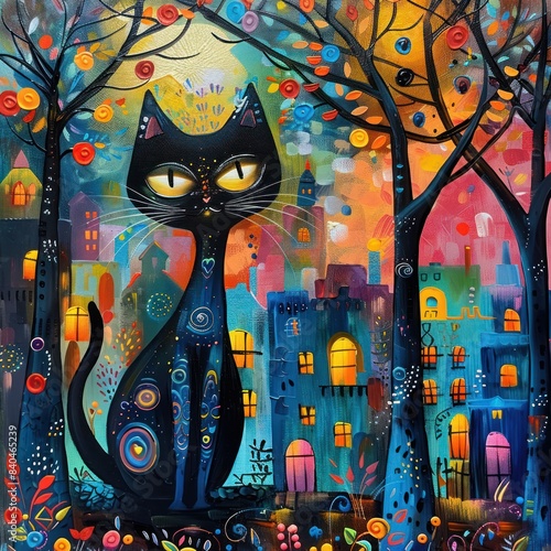  black cat and trees painting, in the style of fantastical street, colorful cityscapes, fanciful creatures, glowing colors, joyful celebration of nature, textile art, dark cyan photo