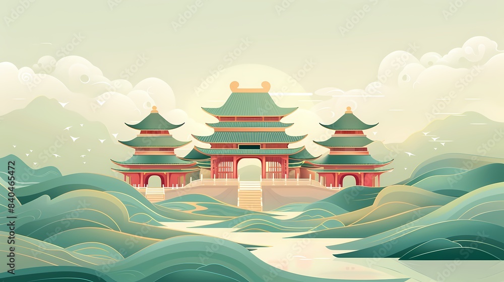 Green and gold traditional building illustration poster background Green and gold traditional building illustration poster background
