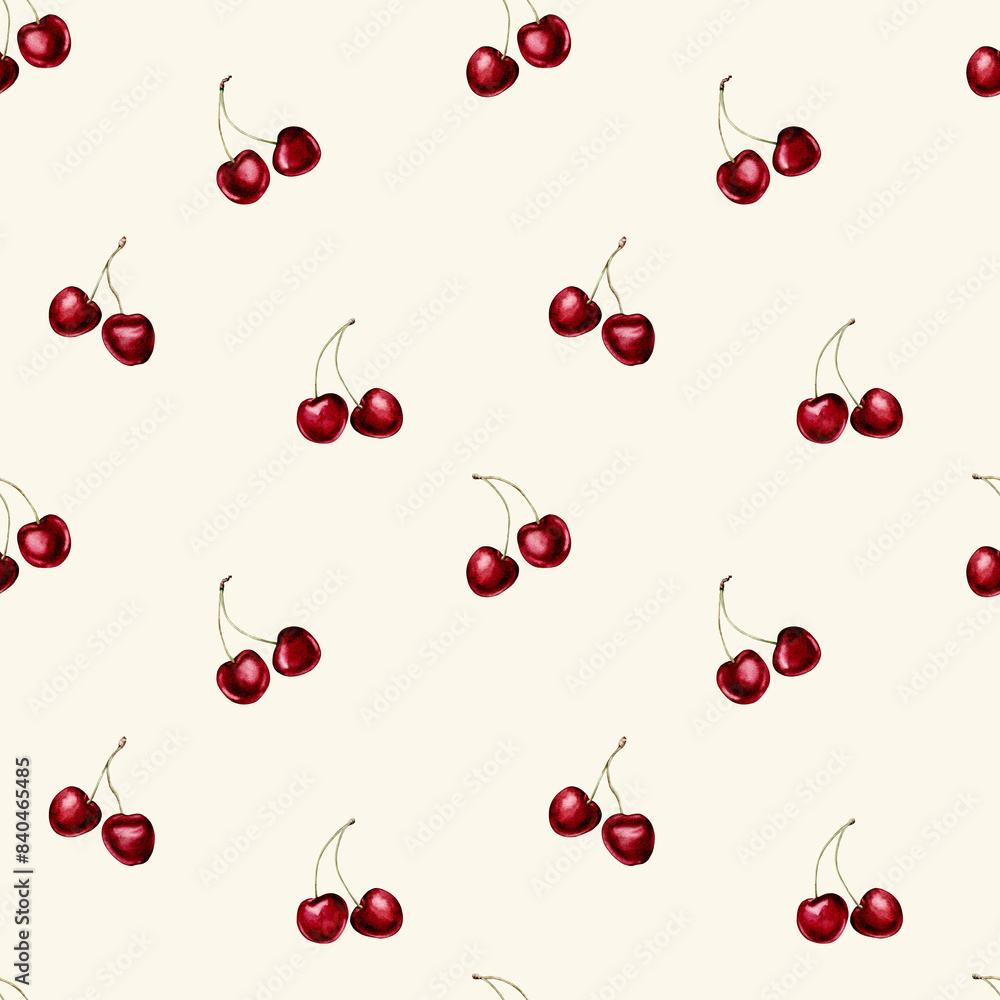 Watercolor illustration of a seamless pattern with a berry cherry with twigs on a light background. Endless repeating print background. For fabric, textiles, clothing, prints, wallpaper, posters Watercolor illustration of a seamless pattern with a berry cherry with twigs on a light background. Endless repeating print background. For fabric, textiles, clothing, prints, wallpaper, posters