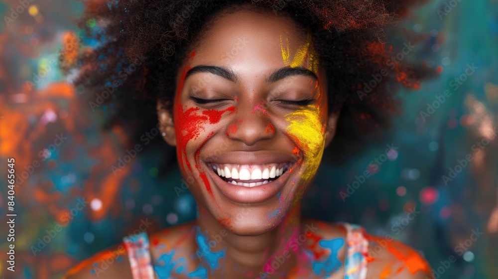 A young woman with an afro smiles brightly with her eyes closed, her face covered in colorful paint splatters A young woman with an afro smiles brightly with her eyes closed, her face covered in colorful paint splatters
