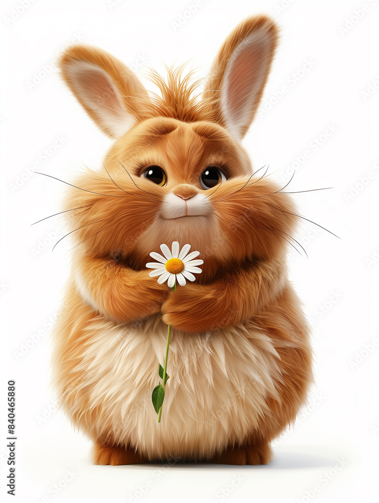 Obraz premium Cartoon illustration, cute fluffy animal with flower, cute gift concept, kids illustration, illustration of fluffy cute animal giving flower 