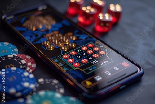 Detail of a smartphone screen displaying a vibrant online casino app with chips and virtual roulette table, highlighting the thrill of mobile gambling photo