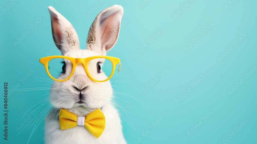 A white rabbit with long ears is wearing yellow glasses and a yellow bow tie. The rabbit is looking directly at the camera A white rabbit with long ears is wearing yellow glasses and a yellow bow tie. The rabbit is looking directly at the camera