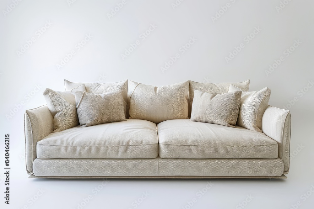 A beige sofa with cushions against a plain white background, minimalist interior concept A beige sofa with cushions against a plain white background, minimalist interior concept