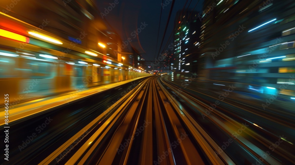 View from first railway carriage. Speed motion blur metro abstract background at night View from first railway carriage. Speed motion blur metro abstract background at night