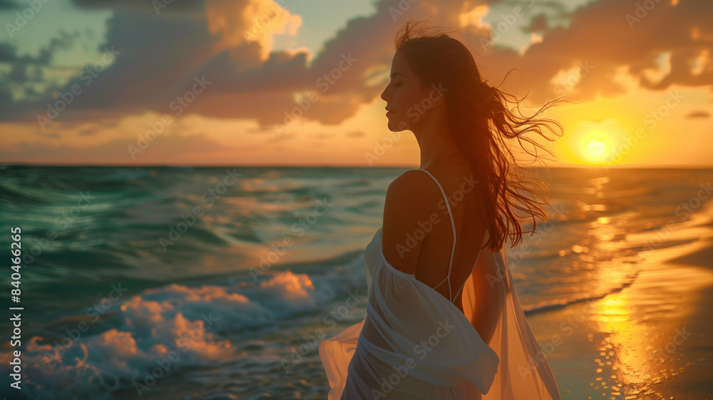 Woman standing on a beach at sunset, gazing at ocean waves, serene and peaceful atmosphere Woman standing on a beach at sunset, gazing at ocean waves, serene and peaceful atmosphere