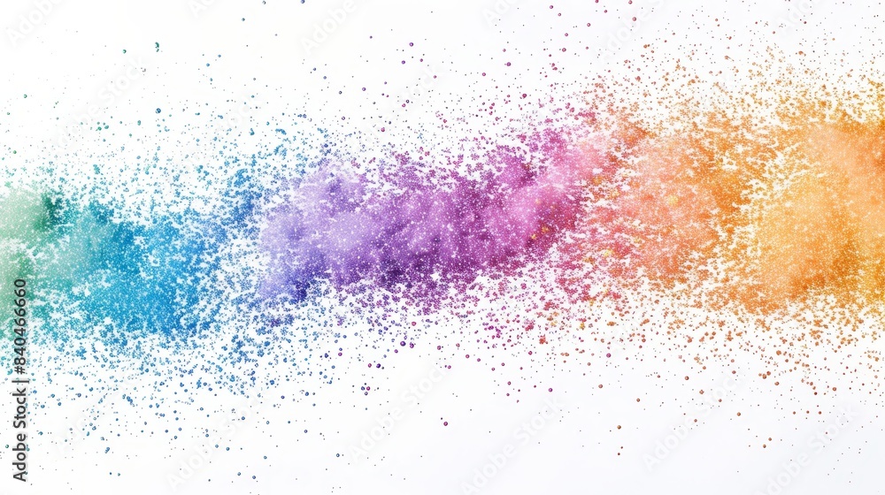Fototapeta premium A vibrant explosion of rainbow-colored glitter against a white background. The sparkling particles create a dynamic and festive visual, with colors blending seamlessly. 