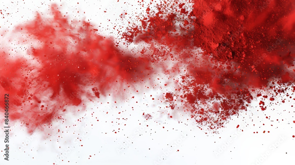 Fototapeta premium A dramatic explosion of red powder against a white background, creating a striking contrast. The red particles scatter dynamically, forming an abstract and energetic visual. 