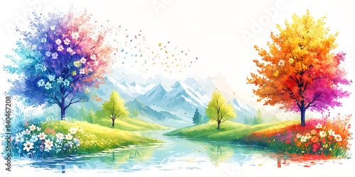 A beautiful scene of a colorful natural landscape with a river. The trees are surrounded by a field of flowers  adding to the vibrant and picturesque quality of the scene.