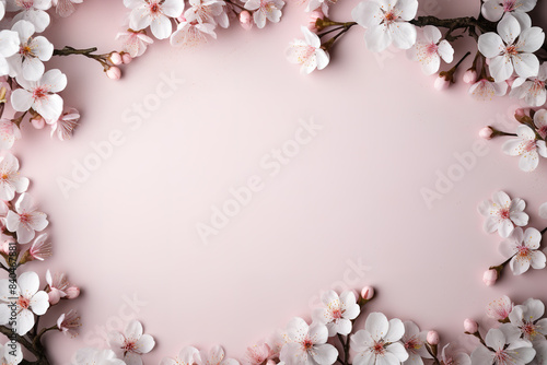 A delicate pink cherry blossom branch in full bloom forms a beautiful border against a spring background. Flower frame.